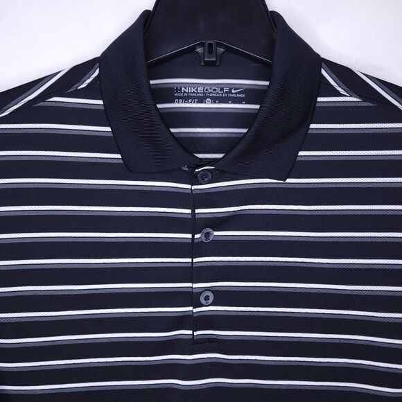 Nike Polo Shirt Mens Medium Striped Black, White Dri Fit Golf Swoosh - Picture 1 of 11